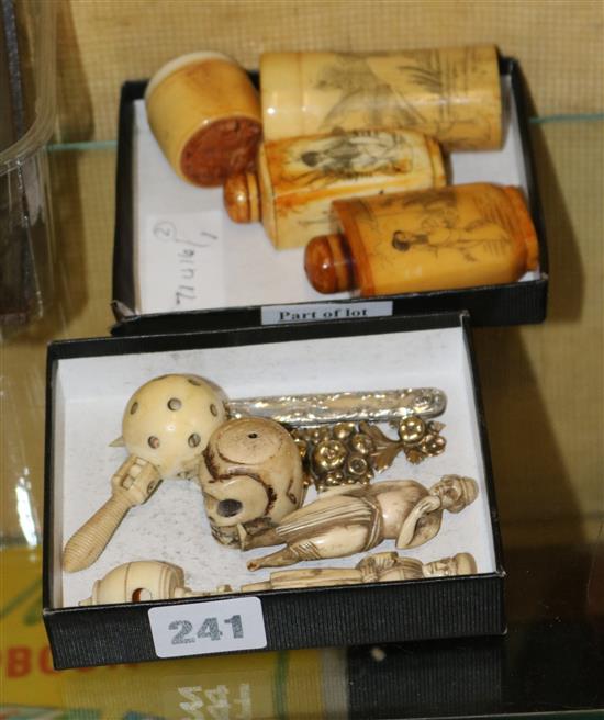 A group of ivory, bone etc and a silver pocket knife